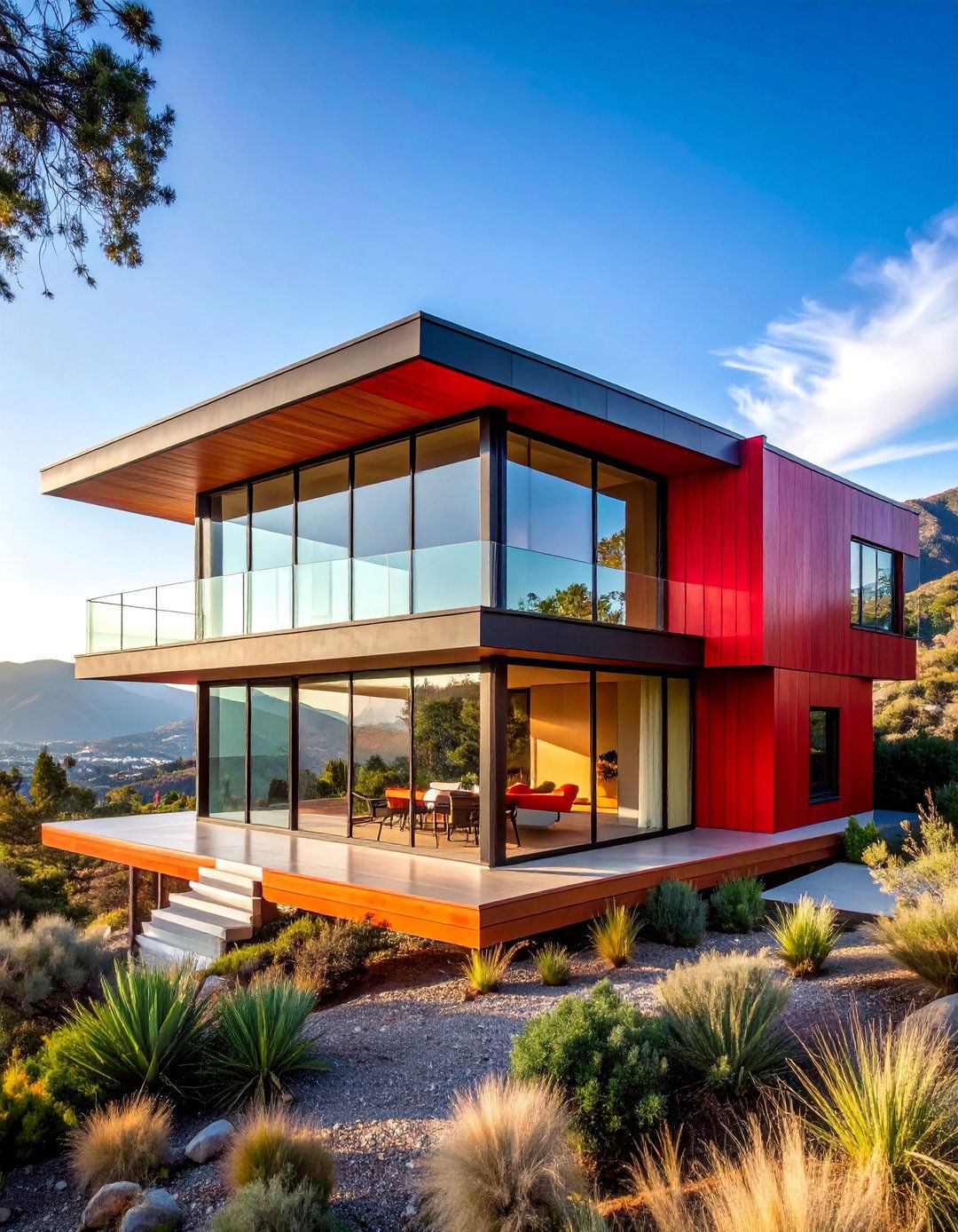 Red Mid Century Modern with Floor to Ceiling Glass - 25 red home exterior ideas