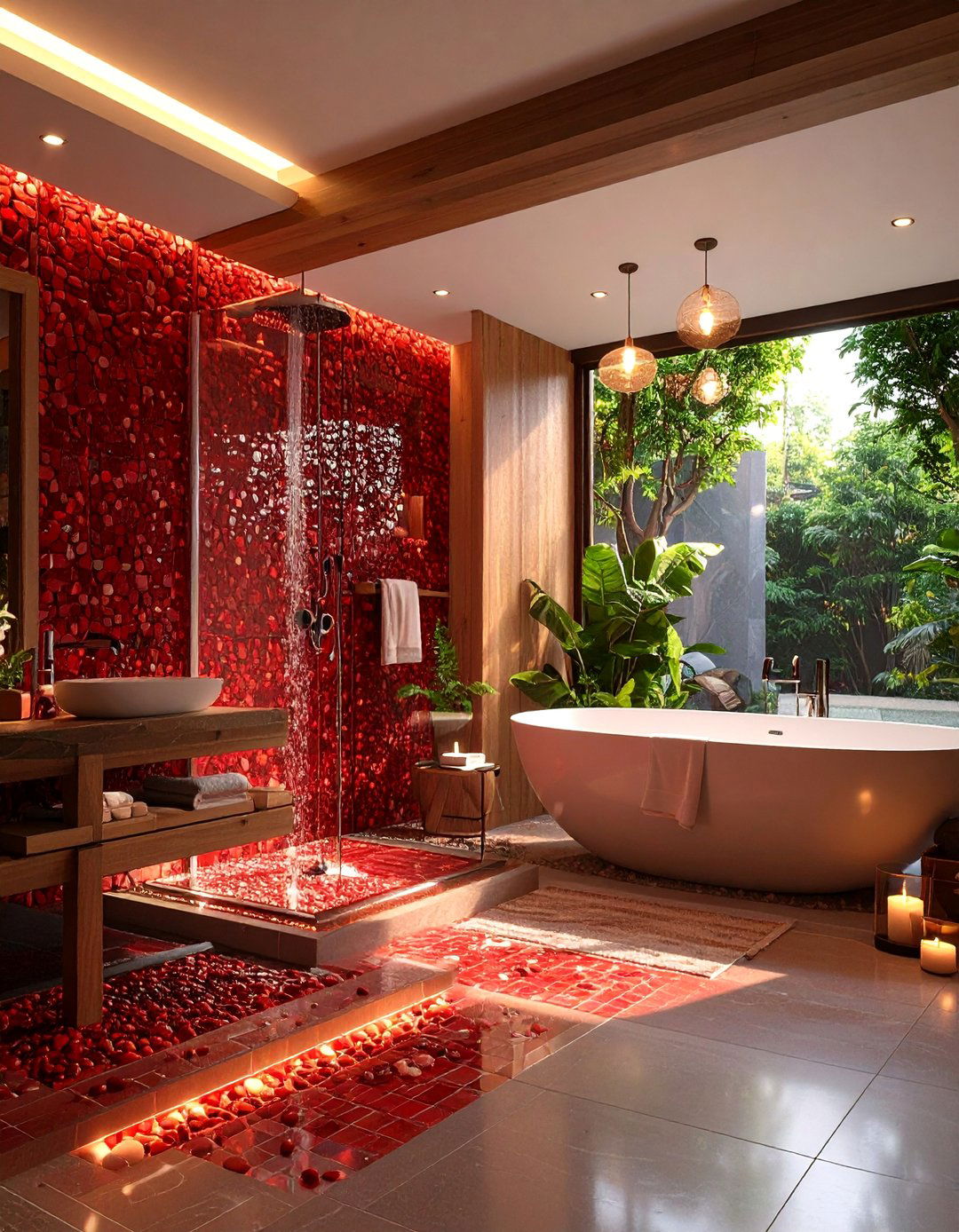 Red Mosaic Tile Bathroom with Spa Elements - 25 Red Bathroom Ideas