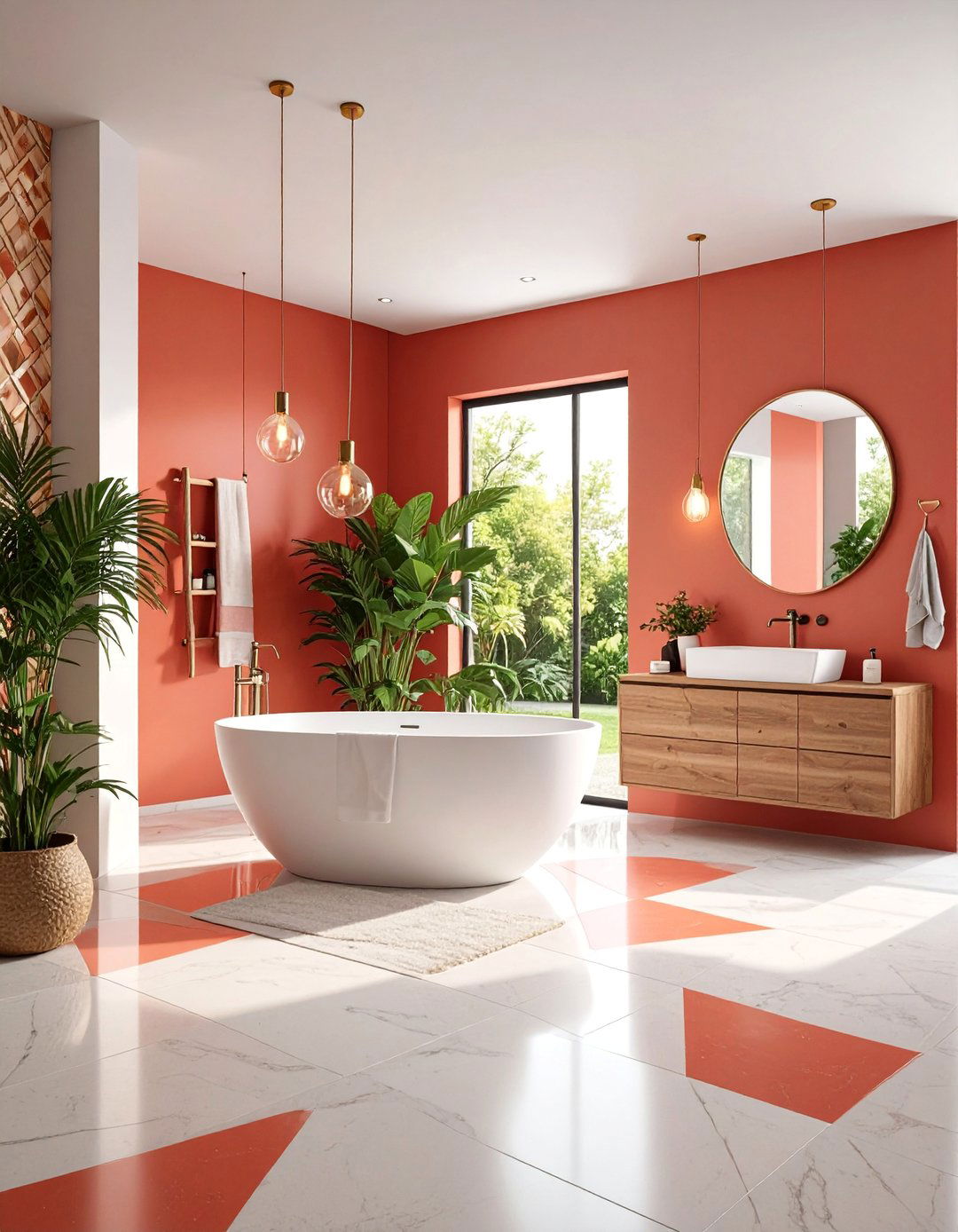 Red Pattern Tile Bathroom with Geometric Design - 25 Red Bathroom Ideas