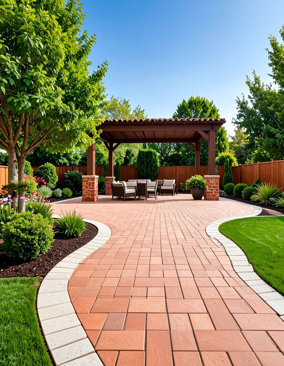 Red Paver Patio with Decorative Borders - 25 Red Paver Patio Ideas