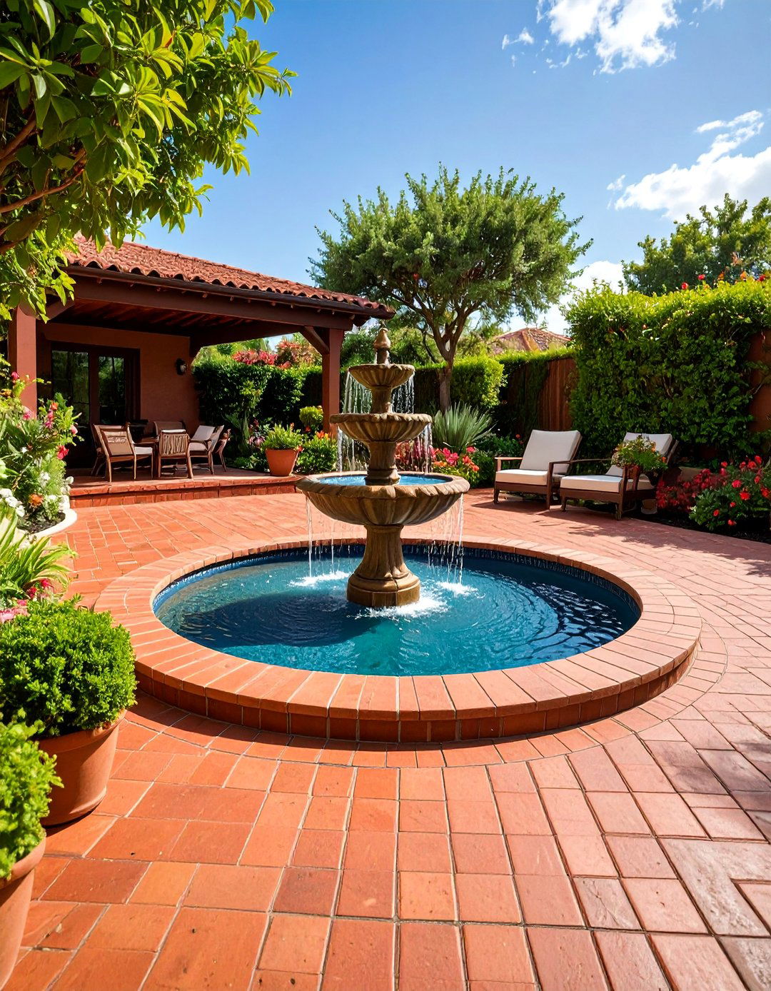 Red Paver Patio with Water Feature - 25 Red Paver Patio Ideas