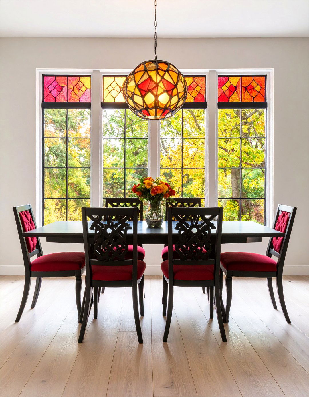 Red Stained Glass Window Feature - 25 Red Dining Room Ideas