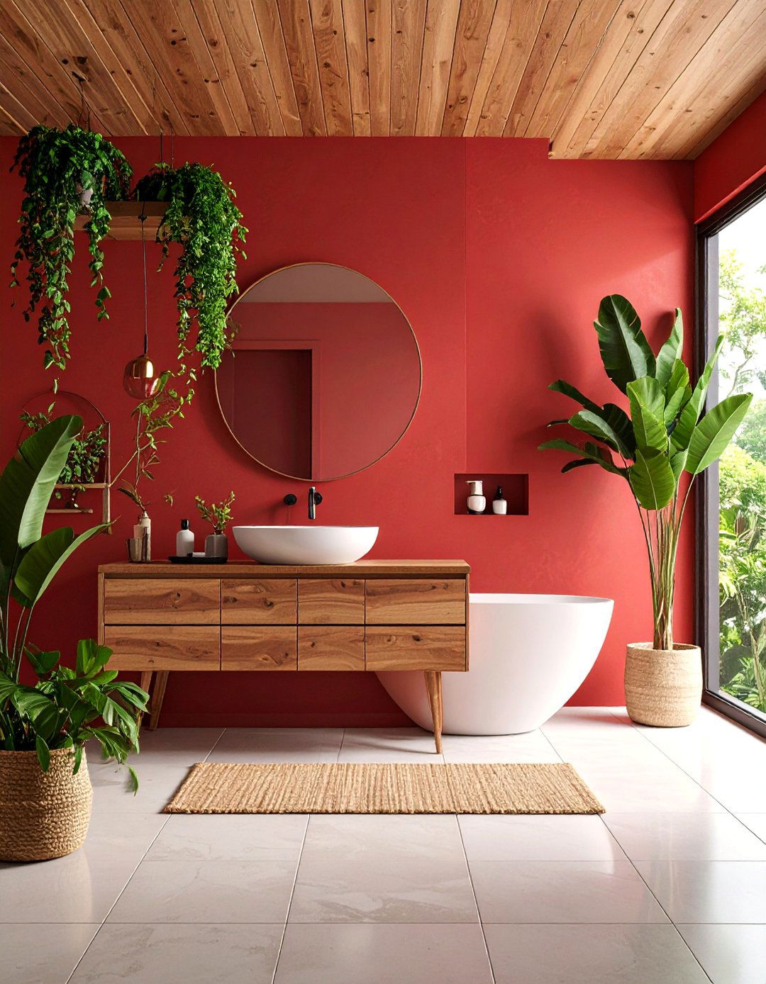 Red Wood Bathroom with Natural Elements - 25 Red Bathroom Ideas