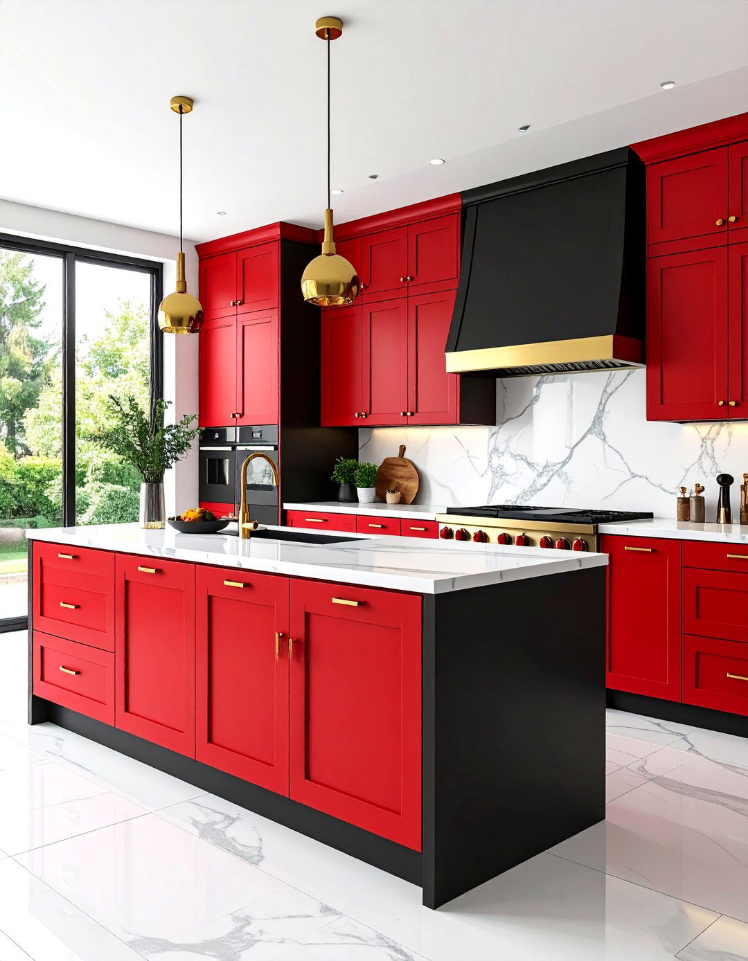 Red and Black Kitchen with Marble Countertops - 25 red and black kitchen ideas