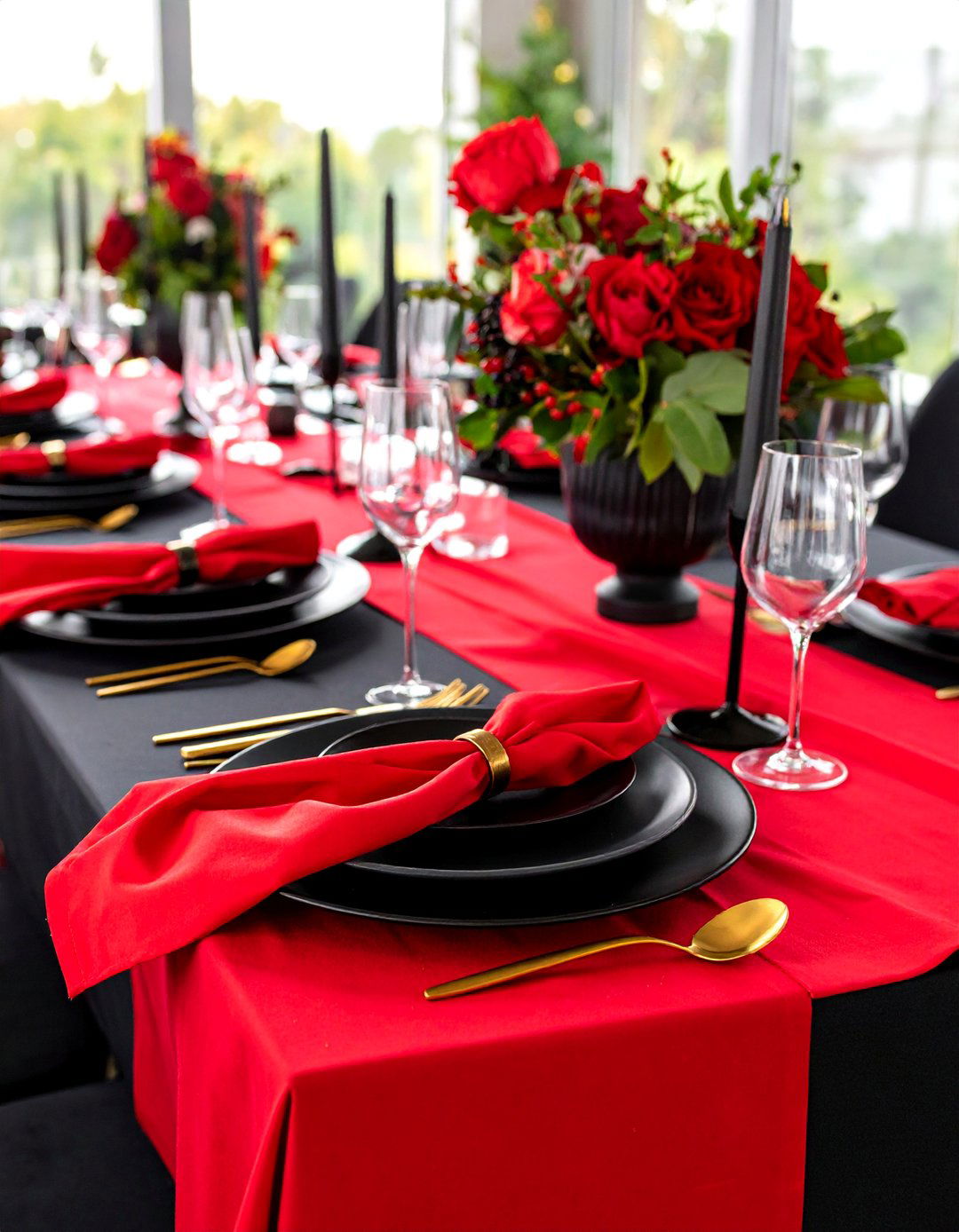 Red and Black Table Setting with Gold Accents - 25 Red and Black Wedding Ideas