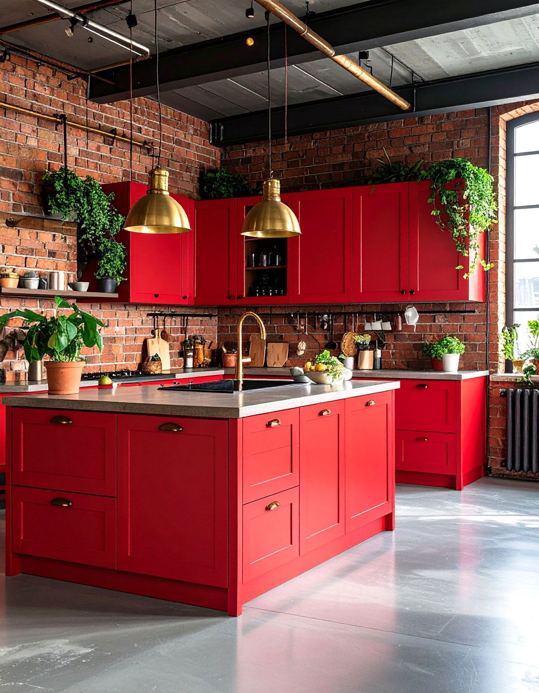 Red and Brass Industrial Kitchen - 25 Red Kitchens