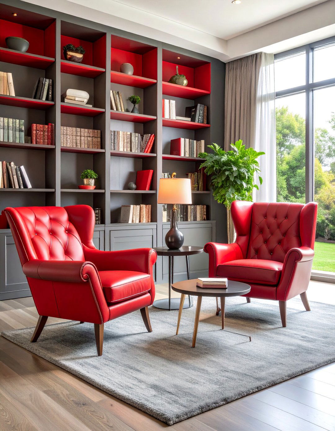 Red and Grey Library Living Room Design - 25 Red and Grey Living Room Ideas