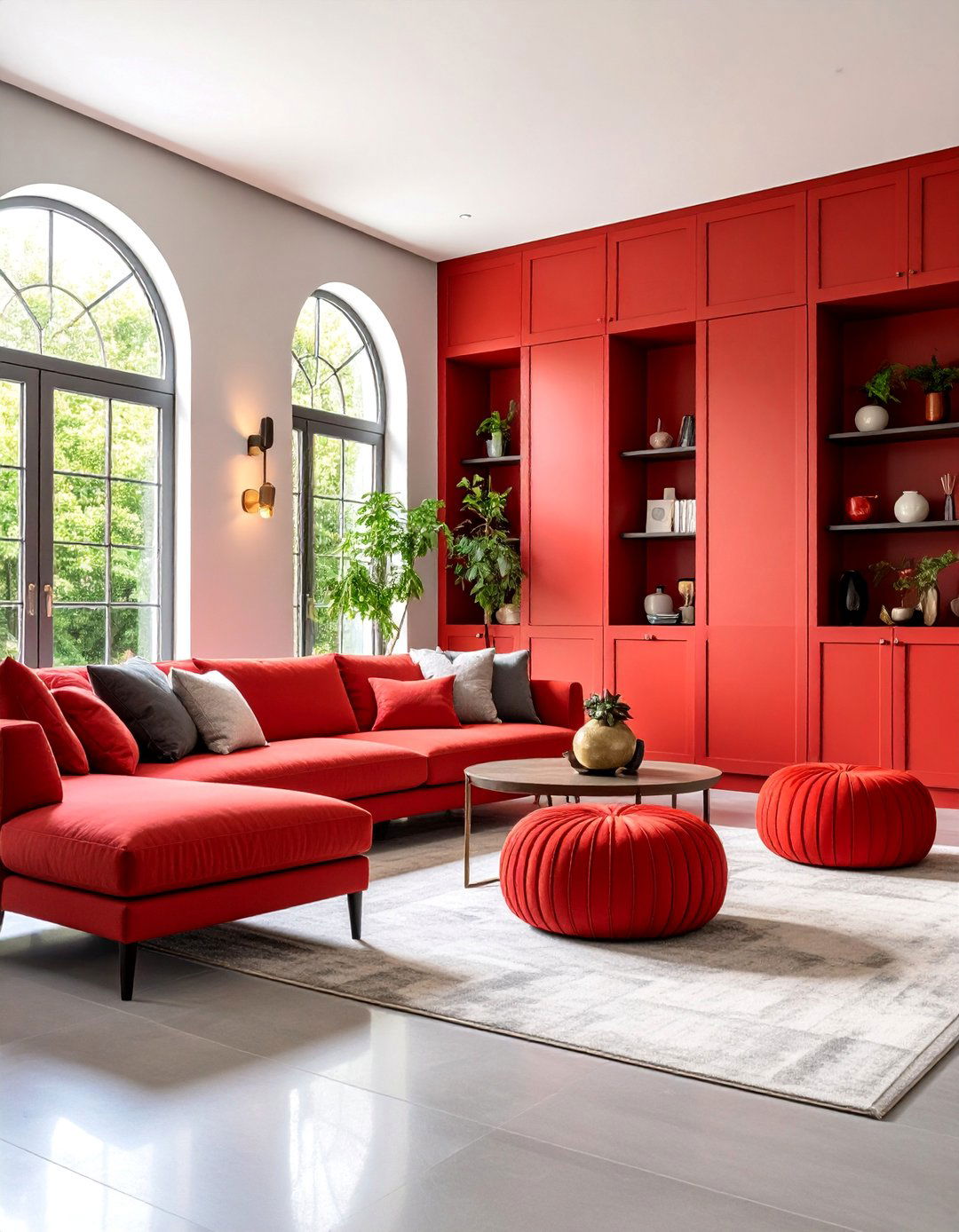 Red and Grey Living Room with Built in Storage - 25 Red and Grey Living Room Ideas