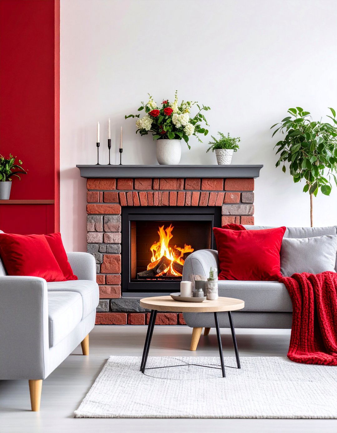 Red and Grey Living Room with Fireplace Focus - 25 Red and Grey Living Room Ideas