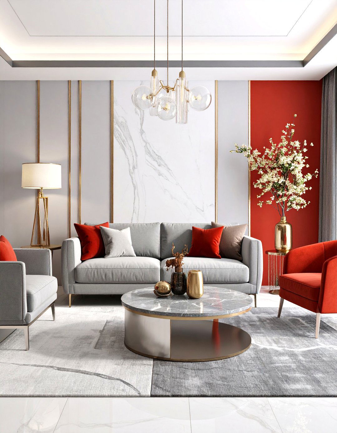 Red and Grey Living Room with Metallic Accents - 25 Red and Grey Living Room Ideas