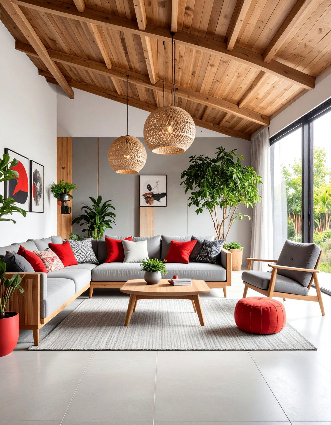 Red and Grey Living Room with Natural Wood Elements - 25 Red and Grey Living Room Ideas