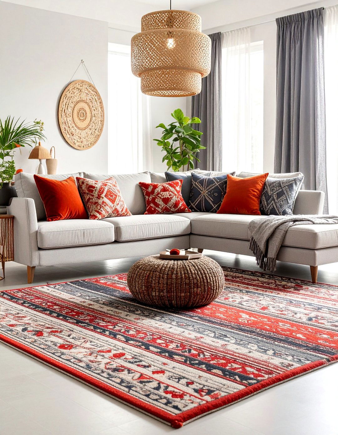 Red and Grey Living Room with Pattern Mixing - 25 Red and Grey Living Room Ideas