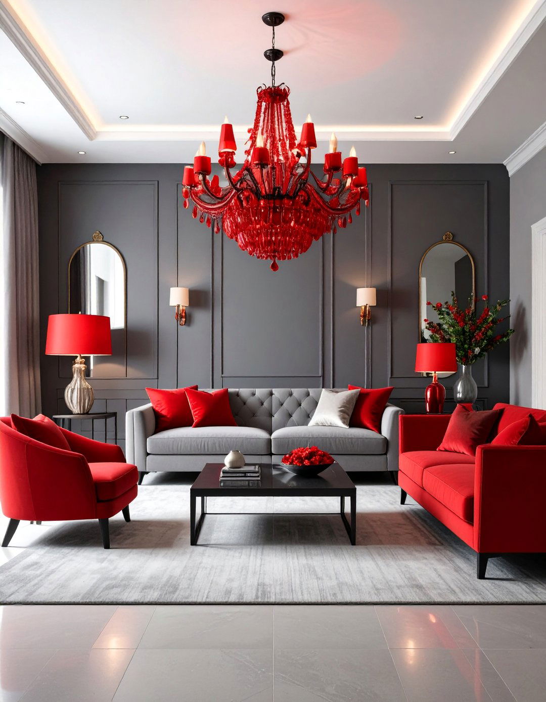 Red and Grey Living Room with Statement Lighting - 25 Red and Grey Living Room Ideas
