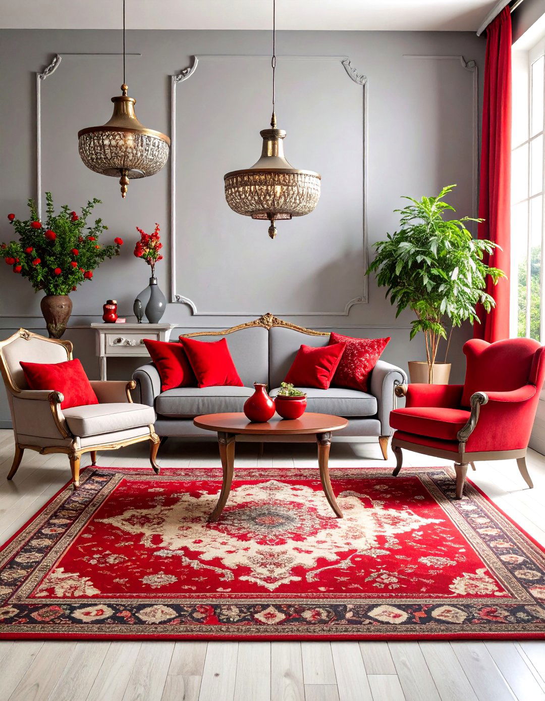 Red and Grey Vintage Living Room Design - 25 Red and Grey Living Room Ideas