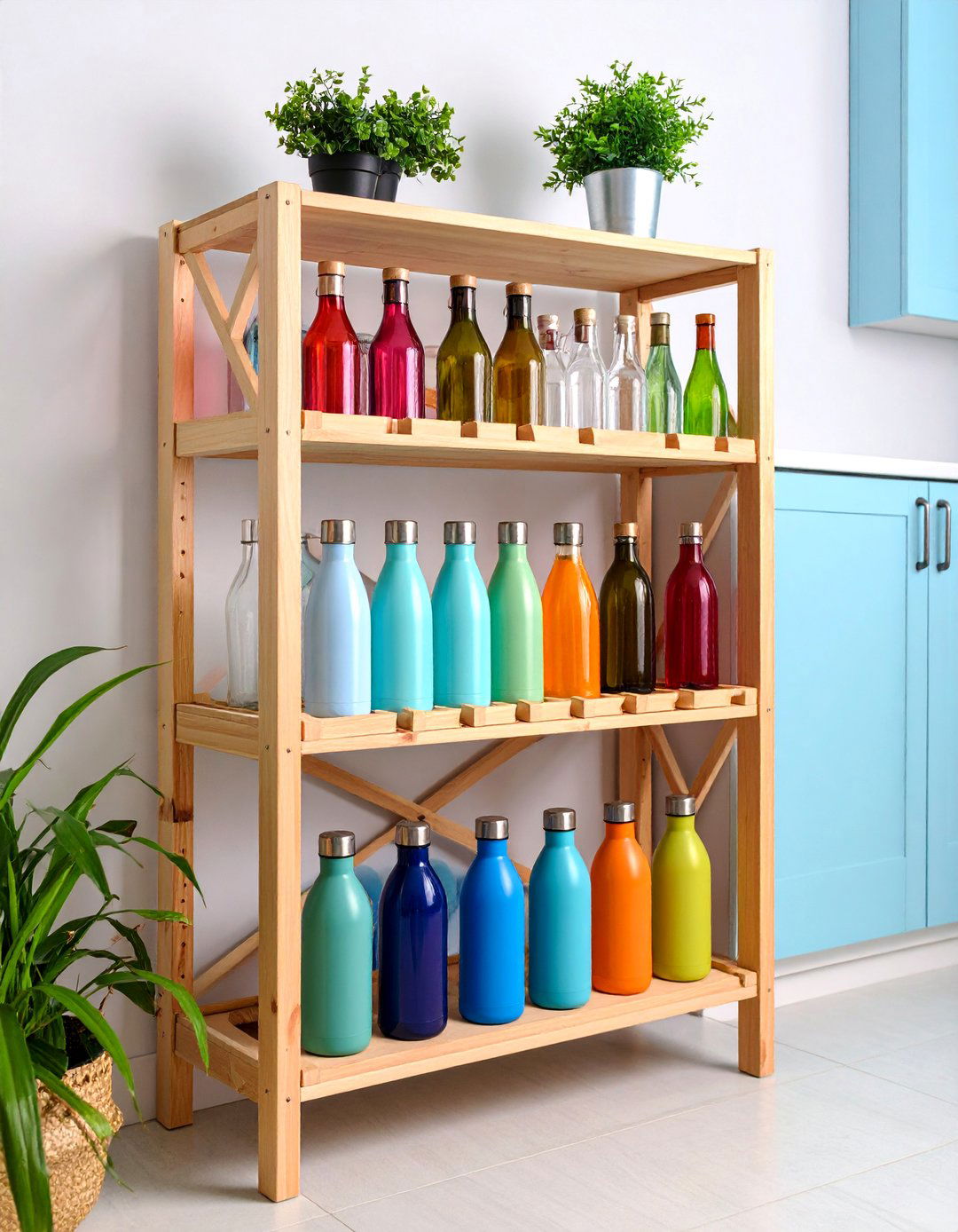Repurposed Wine Rack Cabinet Storage - 25 Water Bottle Storage Ideas
