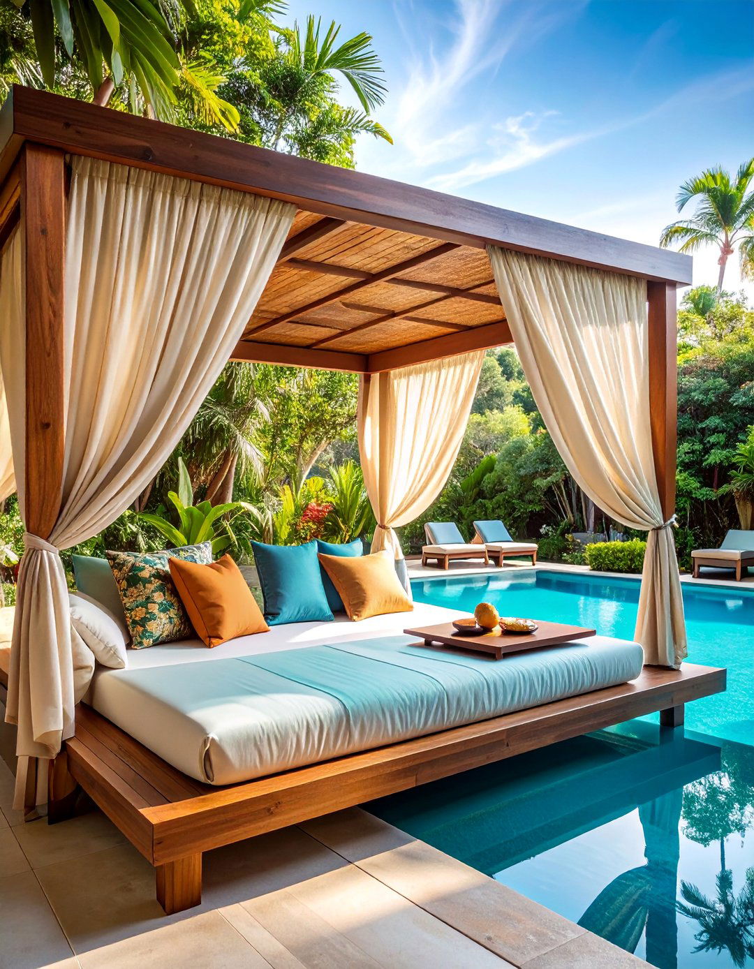 Resort Style Pool Cabana with Curtained Privacy - 25 Pool Furniture Ideas