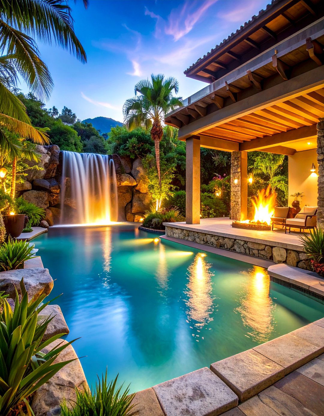 Resort Style Pool Complex with Multiple Water Features - 25 Large Backyard Ideas