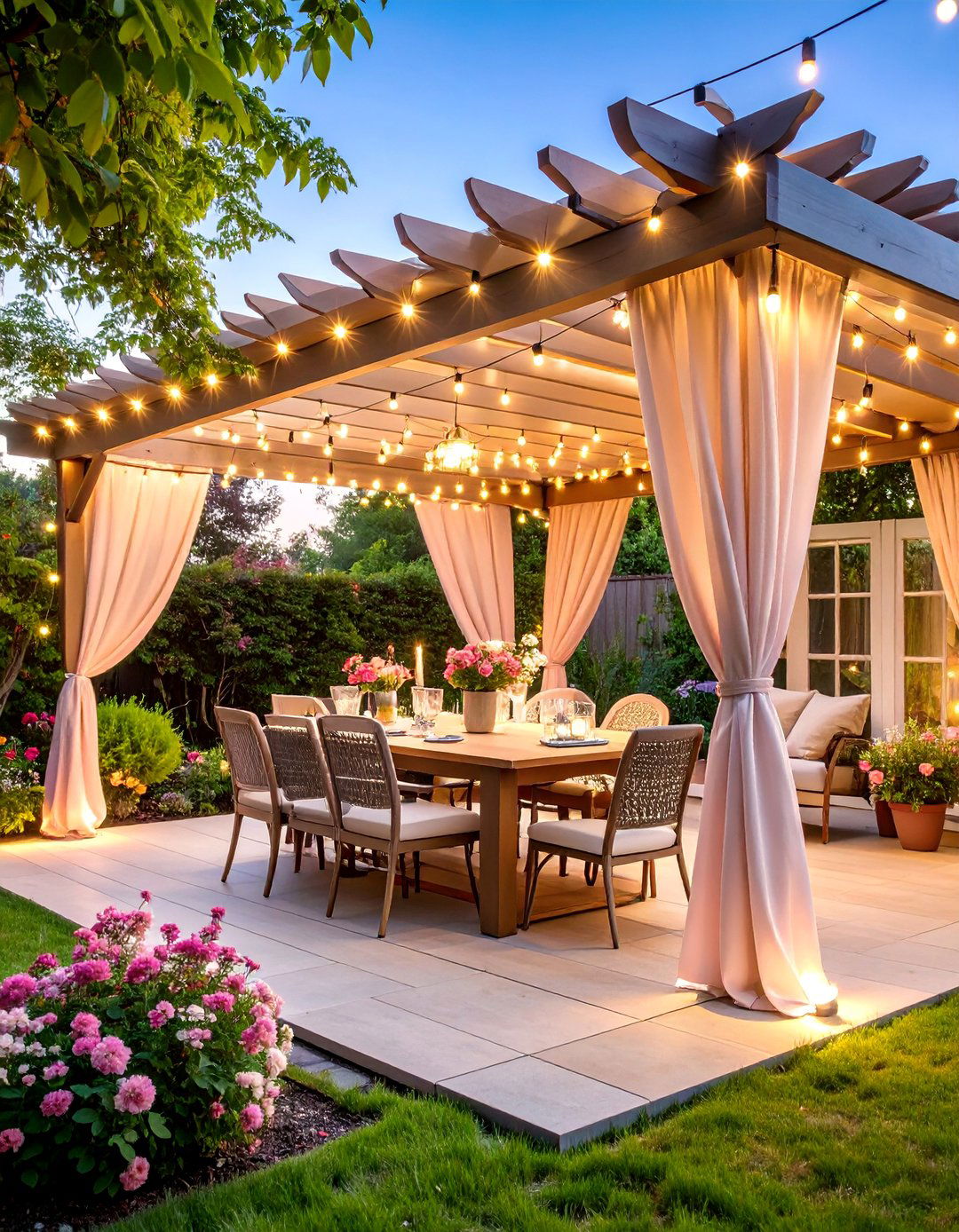 Retractable Pergola Roof with Fairy Lights - 25 Pergola Roof Ideas