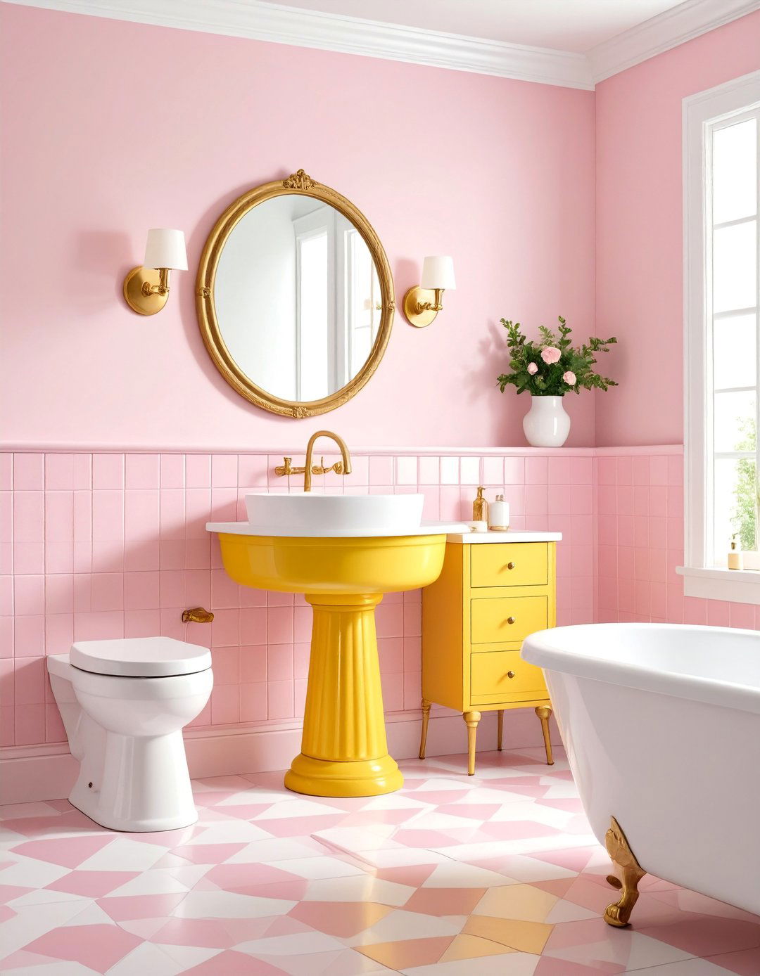 Retro Bathroom with Pink Tiles and Yellow Fixtures - 25 How to Decorate With Yellow and Pink