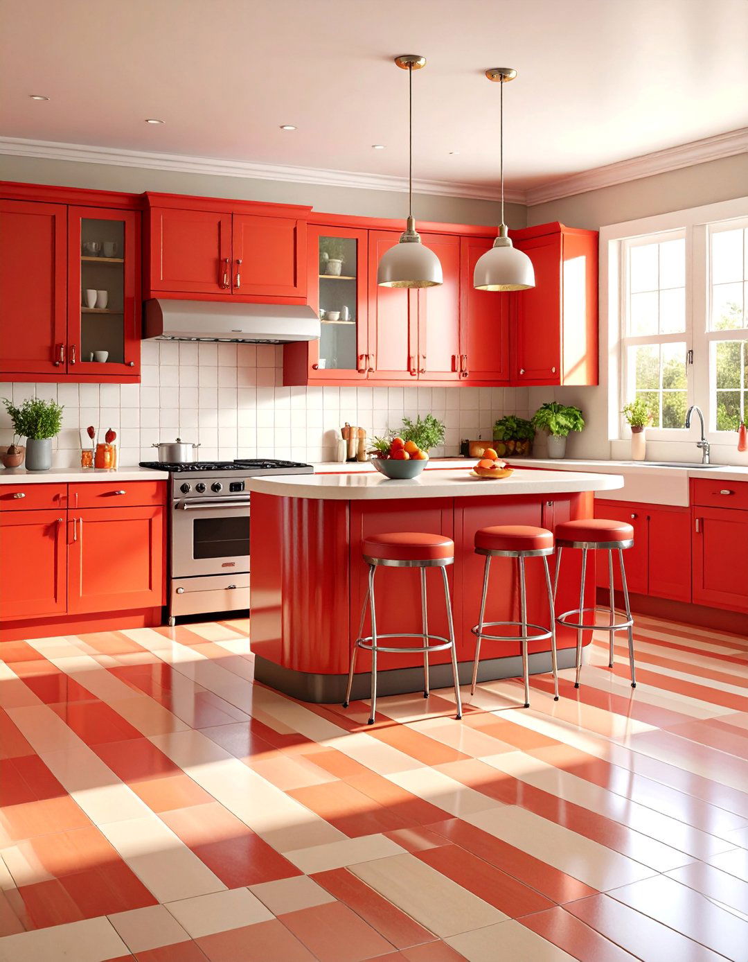 Retro Diner Terracotta Kitchen Floor with Checkerboard Inlay Strips - 25 Terracotta Kitchen Floor Ideas