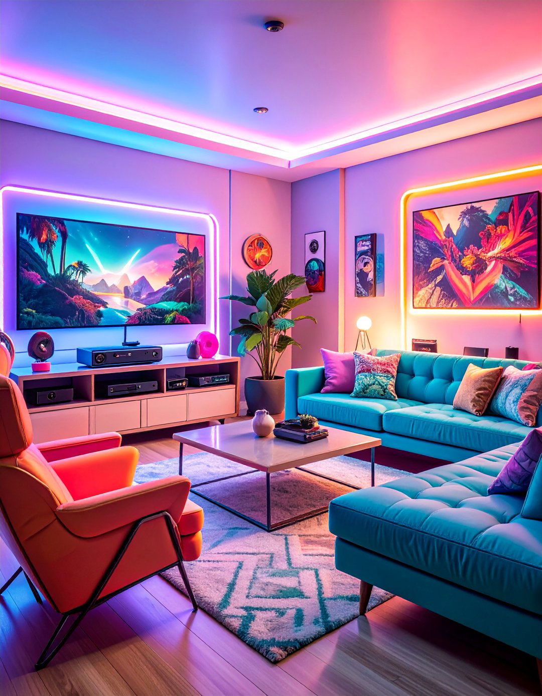 Retro Gaming Teal Sectional Entertainment Zone - 25 Teal Couch Living Room Ideas