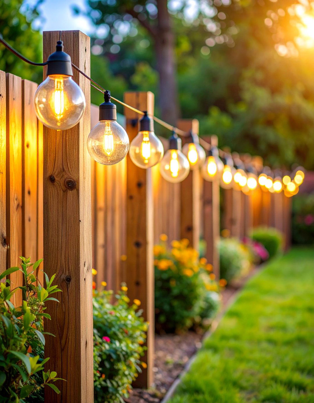Retro Globe String Light Cafe Design - 25 Fence Lighting Ideas