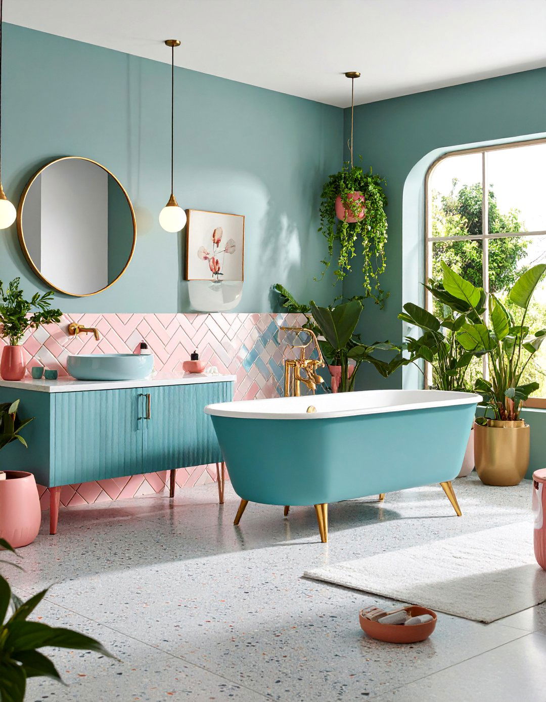 Retro Gray Floor Bathroom with Colorful Ceramic Accents - 25 Gray Floor Bathroom Ideas