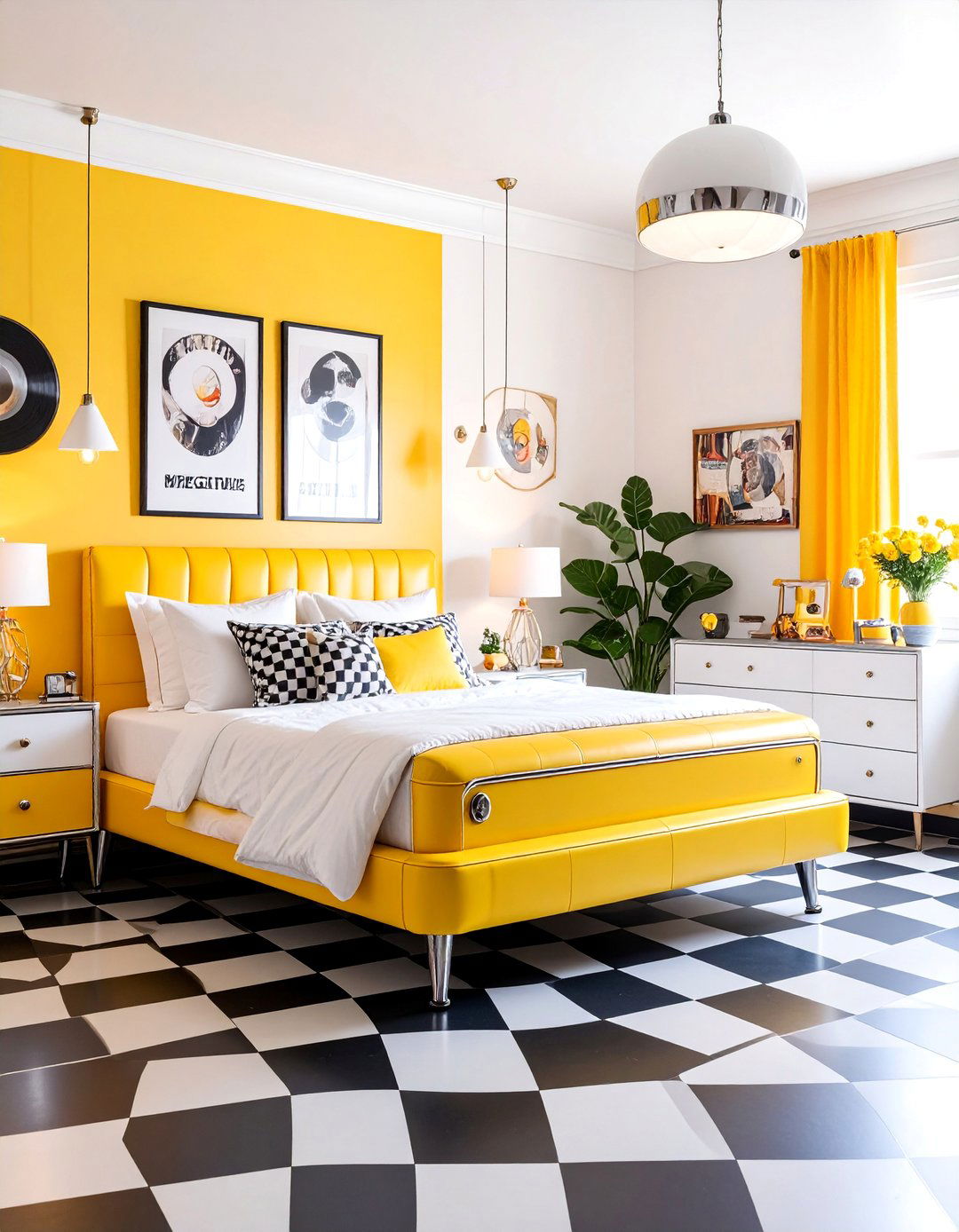 Retro Lemon Diner Bedroom with Checkered Patterns - 25 Lemon Bedroom Ideas