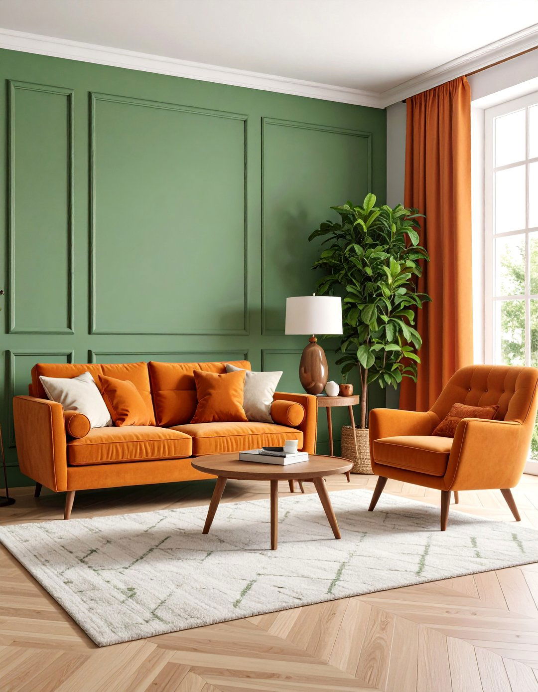Retro Living Room with Avocado Green and Burnt Sienna - 25 Green and Orange Living Room Ideas