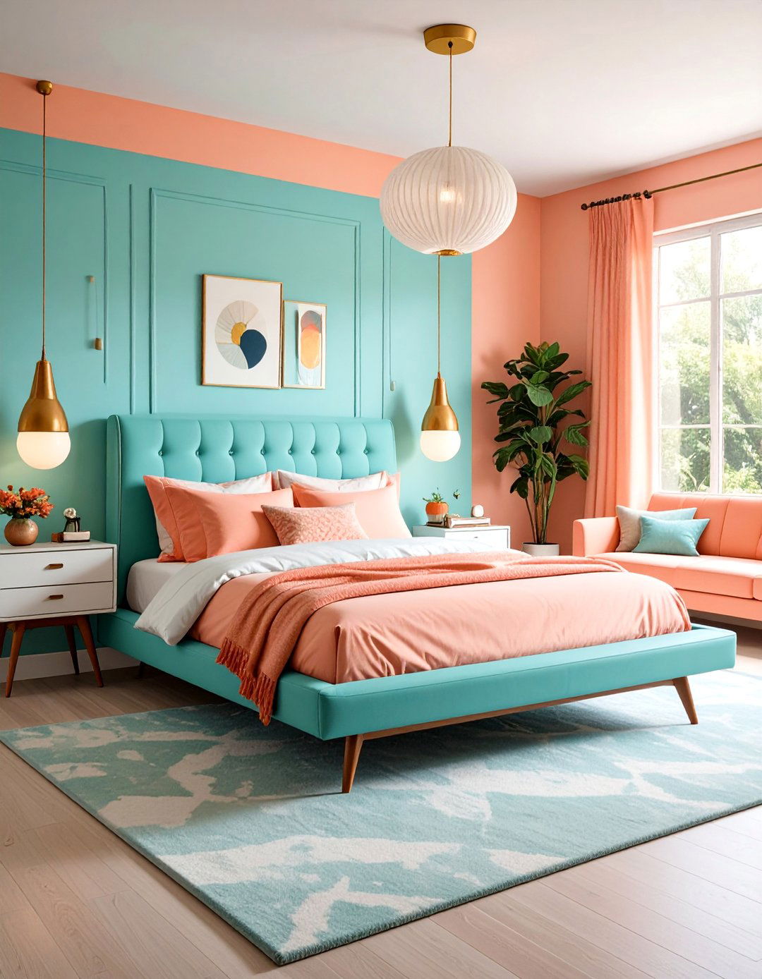 Retro Mid Century Teal and Coral Pink Bedroom with Geometric Elements - 25 Teal and Pink Bedroom Ideas