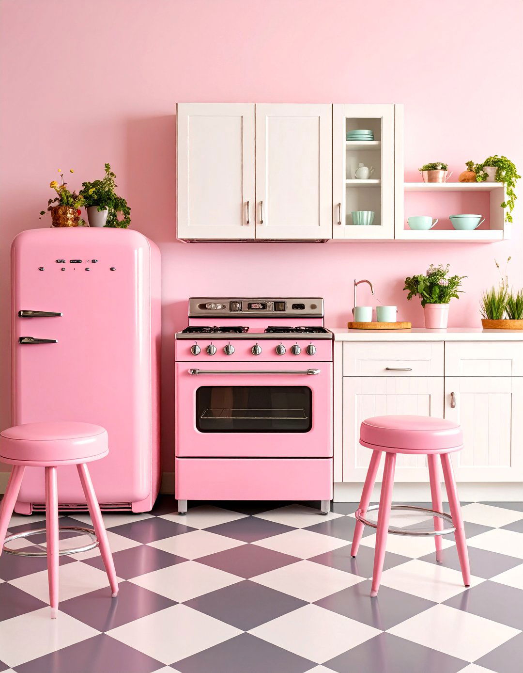 Retro Pink Diner Kitchen with Matching Pastel Appliances - 25 Kitchen With Colored Appliances Ideas