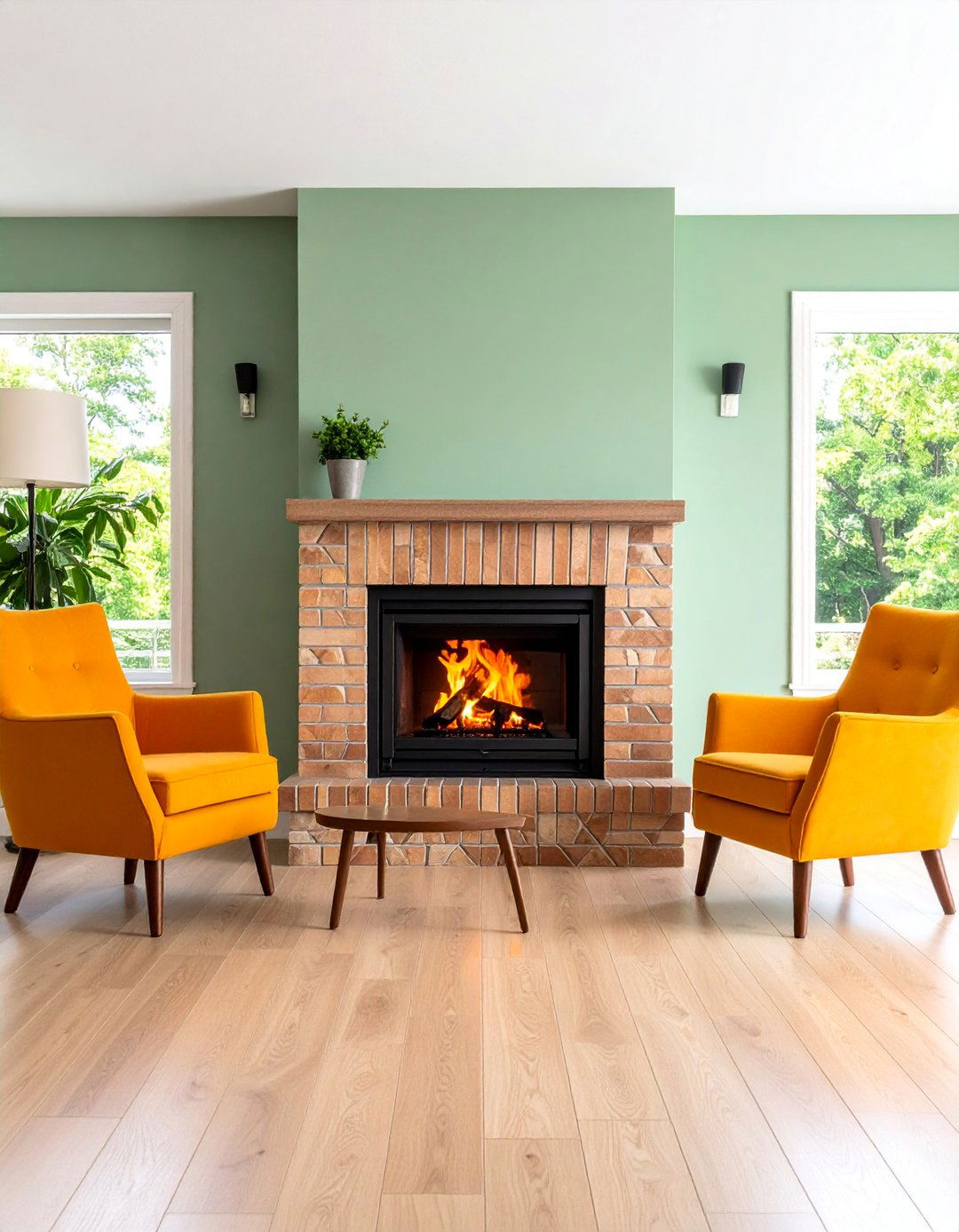 Retro Three Sided Fireplace with Orange and Brown Earth Tones - 25 3 Sided Fireplace Ideas