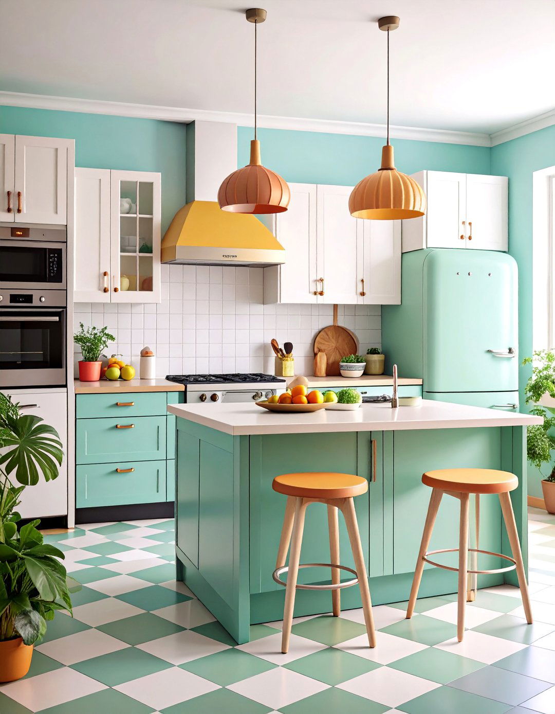 Retro White Kitchen with Black Island and Vintage Appliances - 25 white kitchen ideas with black island