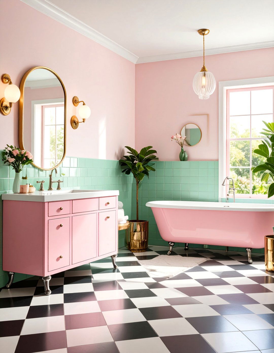 Retro s Bathroom with Pastel Pink Fixtures and Mint Green Tiles - 25 Pink and Green Bathroom Design Ideas