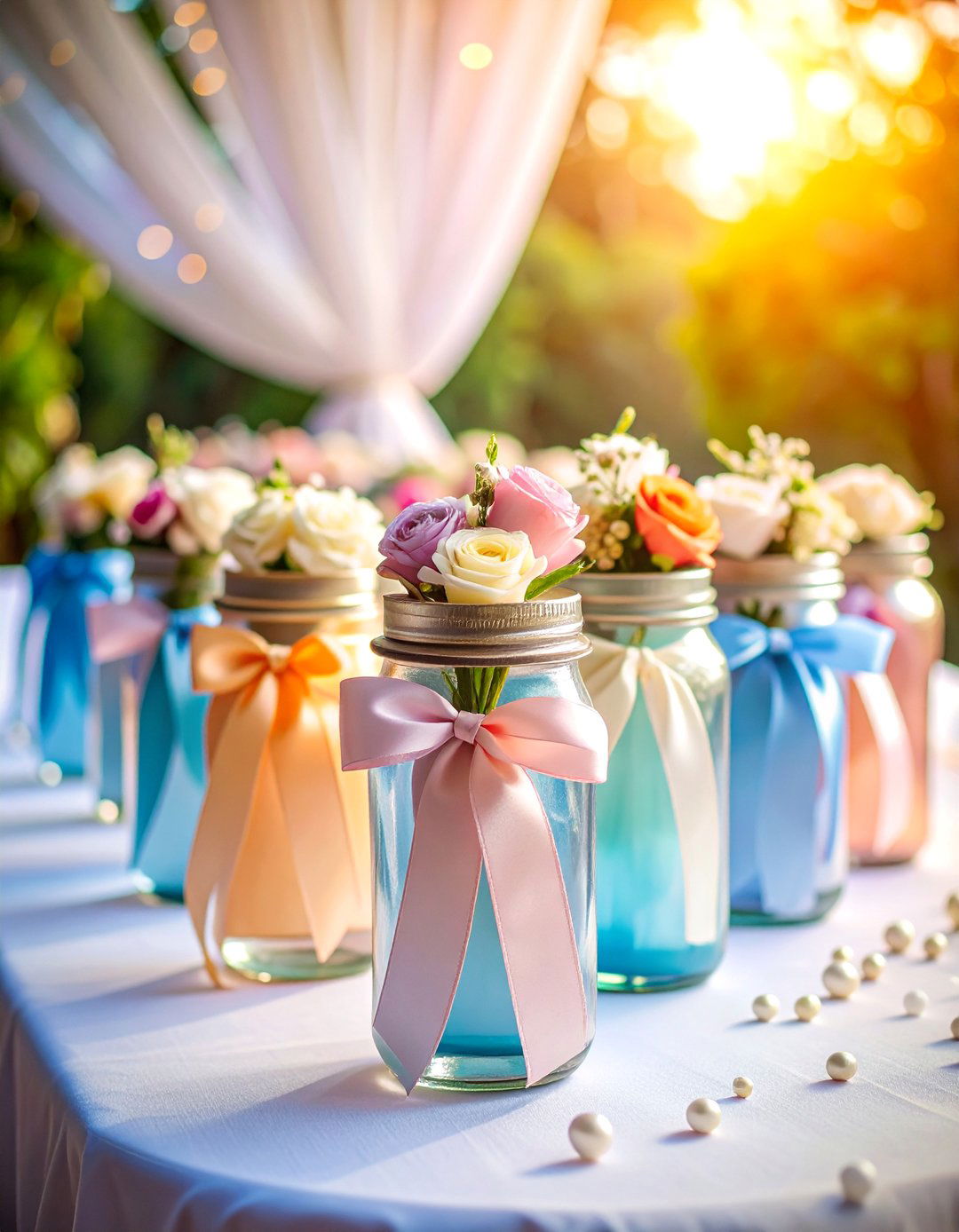Ribbon Wrapped Mason Jar Elegance - 25 Mason Jar Wedding Centerpieces