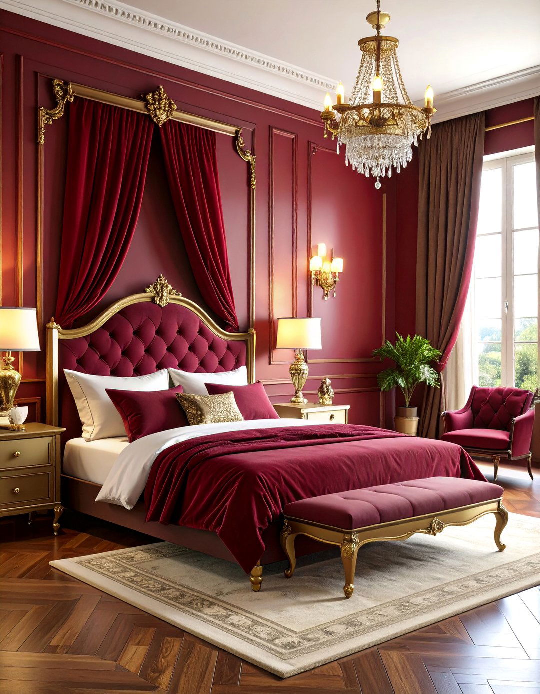 Rich Burgundy Limewash Bedroom with Vintage Romance - 25 Limewash Bedroom Ideas