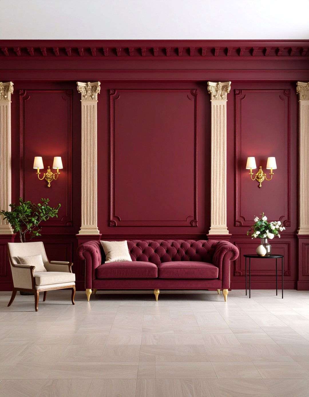 Rich Burgundy Traditional Raised Panel Wainscoting - 25 Living Room Wainscoting Ideas