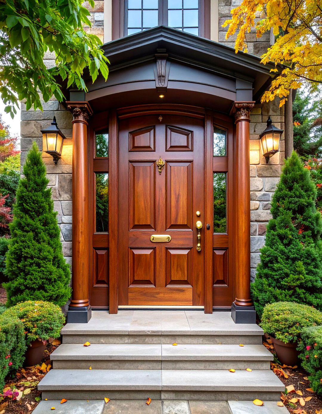 Rich Forest Green Front Door with Mahogany Wood Grain - 25 Olive Green Front Door Ideas