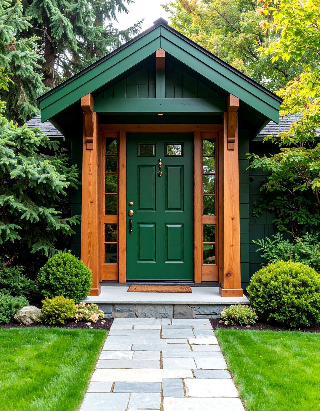 Rich Forest Green with Natural Wood Trim - 25 Front Door Color Ideas