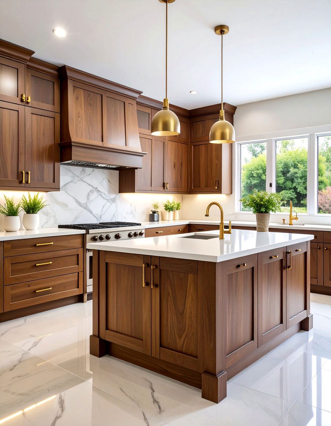 Rich Walnut Shaker Cabinets with Brass Hardware - 25 Dark Wood Kitchen Cabinets