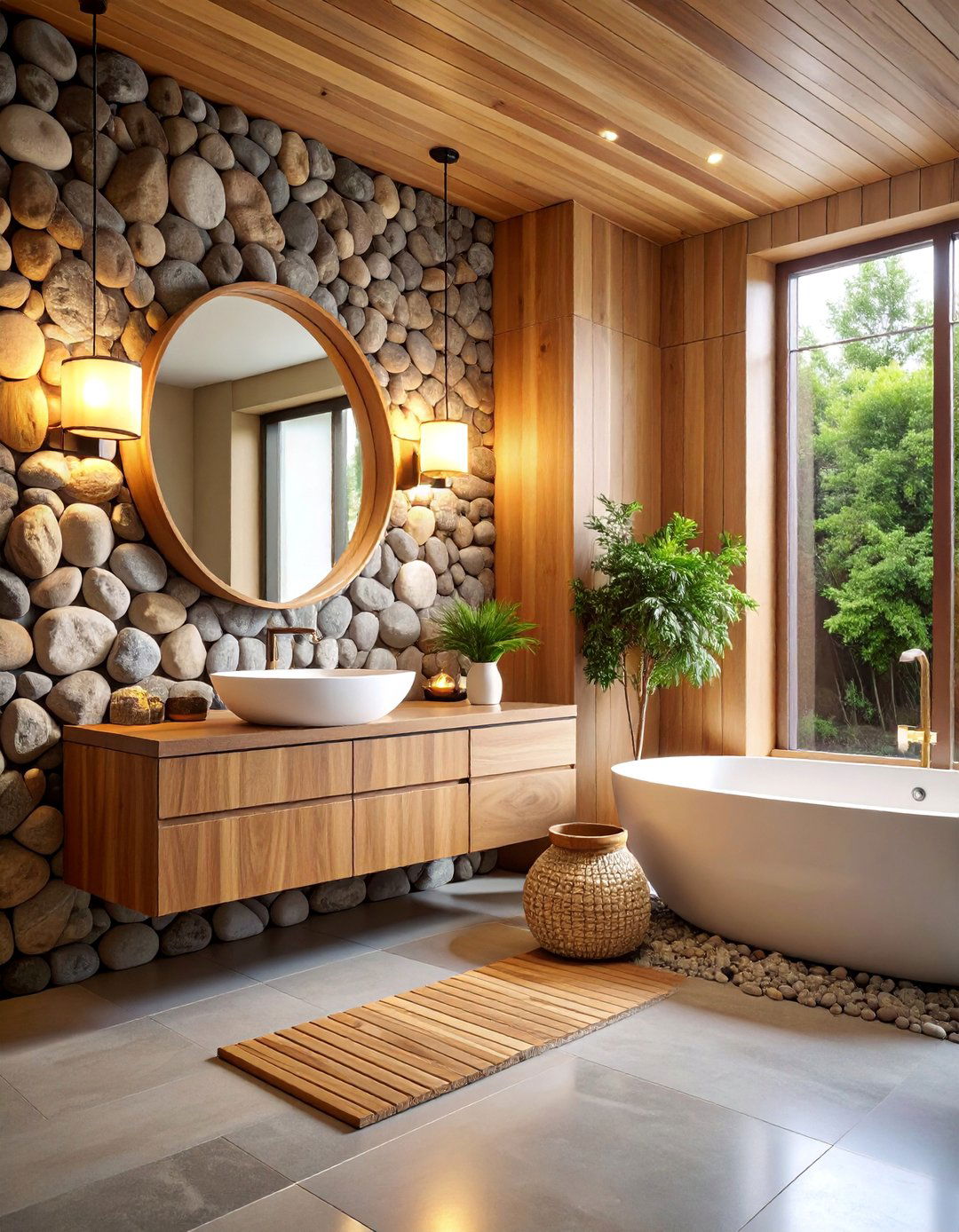 River Rock Accent Wall with Natural Wood Vanity - 25 Natural Bathroom Ideas