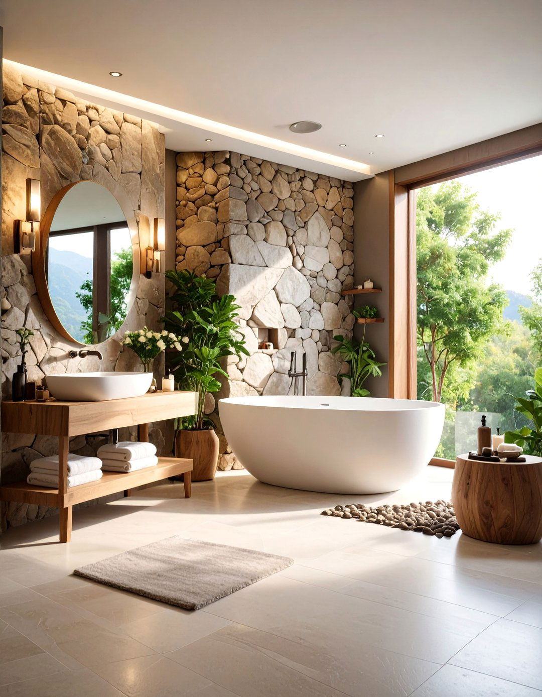 River Rock Accent Wall - 25 Minimalist Bathroom Ideas