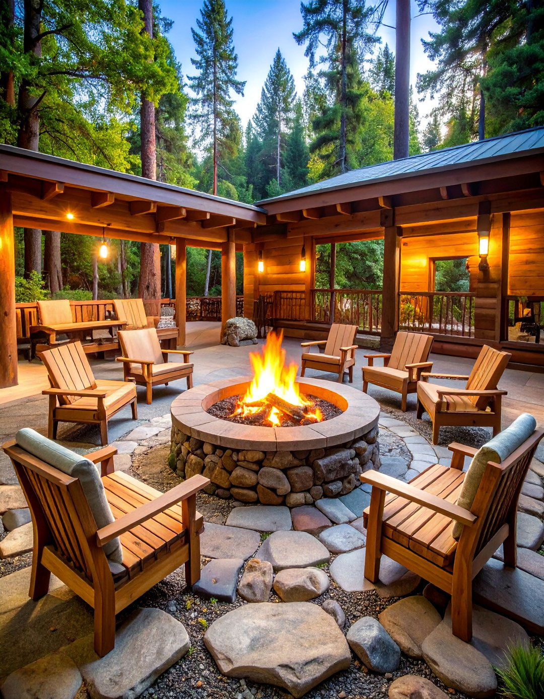 River Rock Fire Pit with Log Retaining Walls - 25 Rustic Fire Pit Ideas