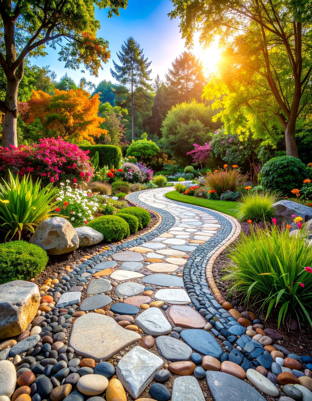 River Rock Mosaic Pathway - 25 Rock Walkway Ideas