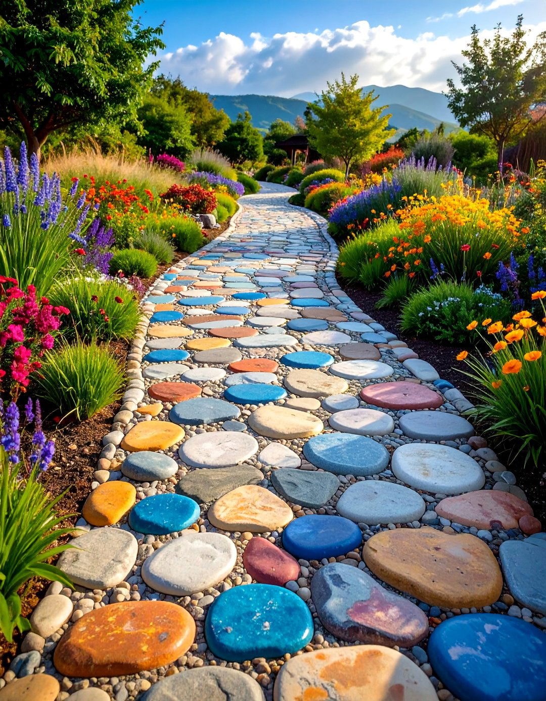 River Rock Mosaic Walkway with Native Grass Borders - 25 Farmhouse Walkway Ideas
