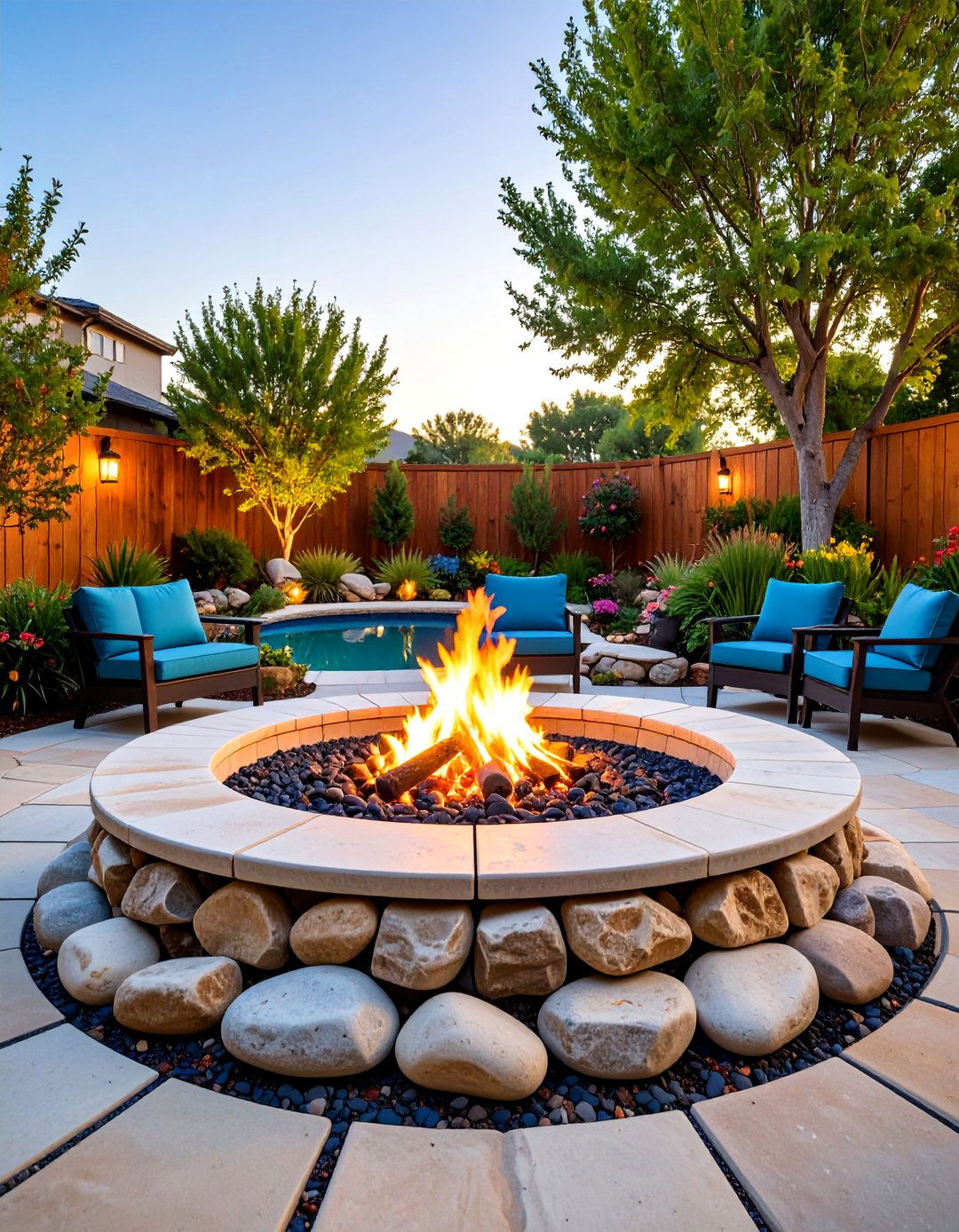 River Rock Patio with Natural Fire Circle - 25 Stone Patio With a Fire Pit Ideas