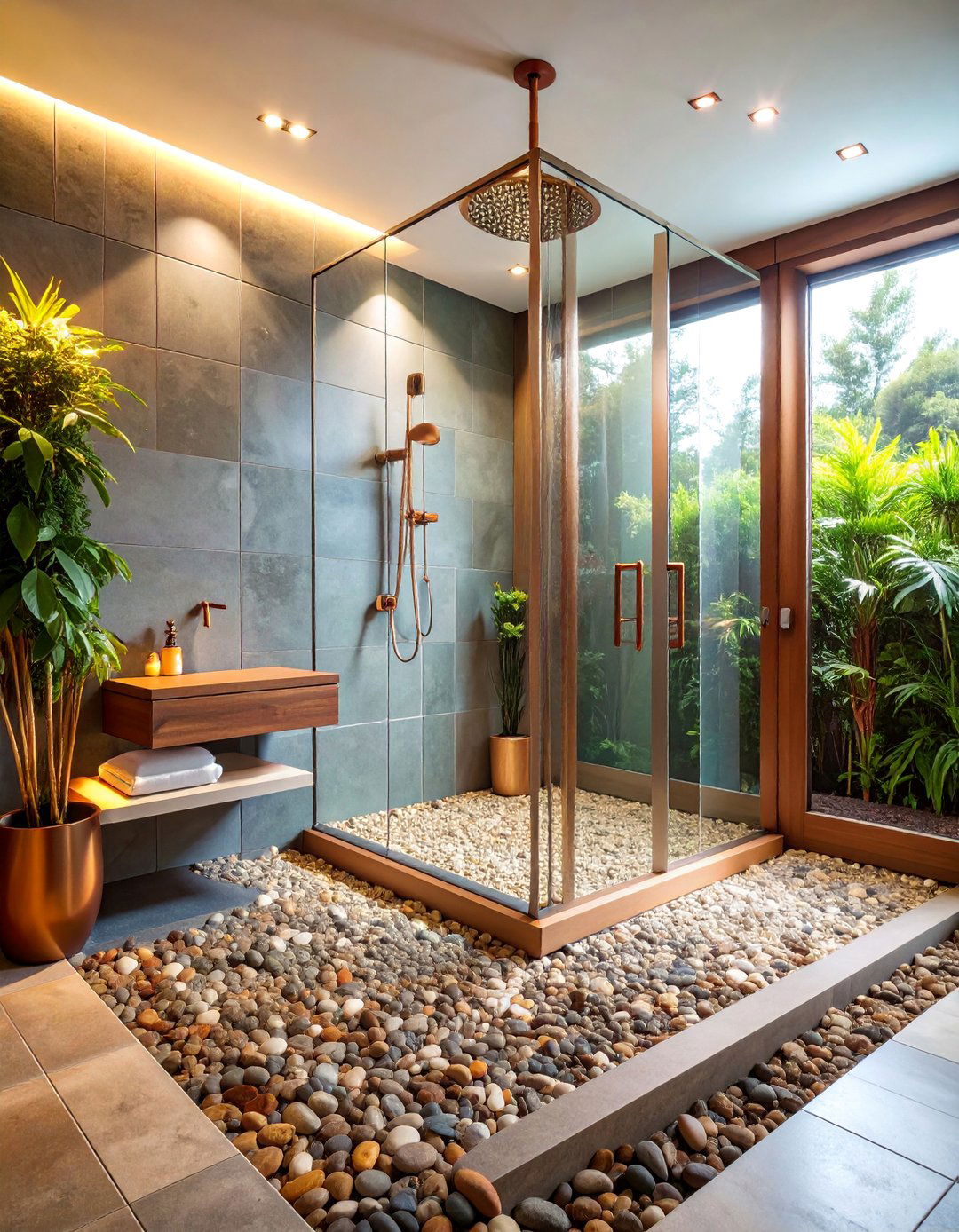 River Rock Pebble Floor with Slate Wall Tiles - 25 Rustic Walk-in Shower Ideas
