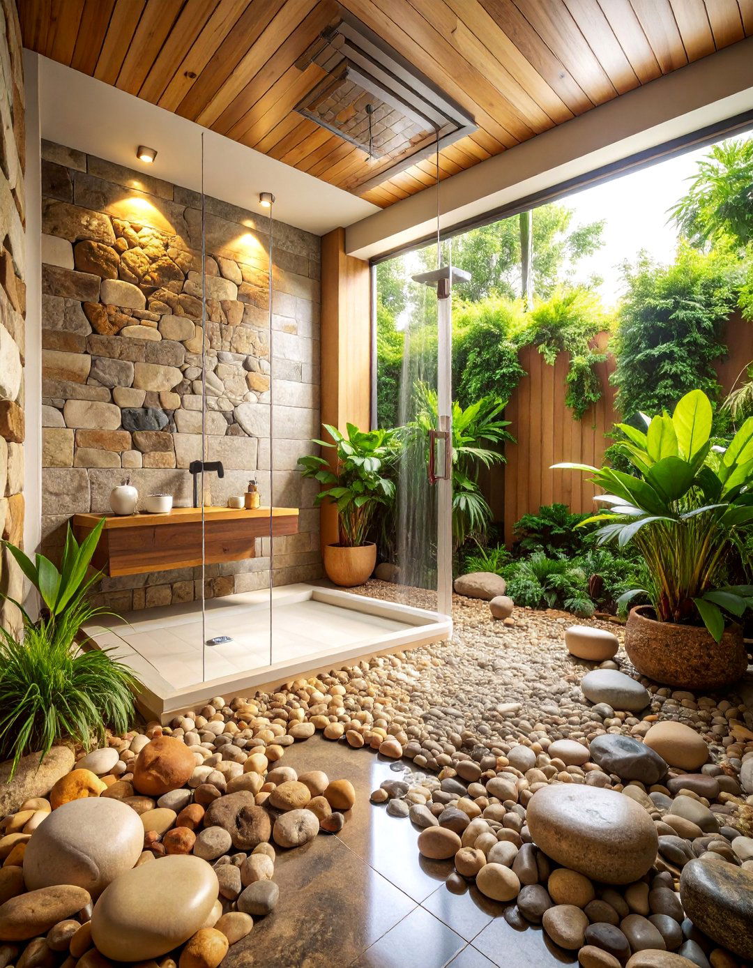 River Rock Pebble Shower Floor with Zen Garden Atmosphere - 25 Stone Shower Design Ideas