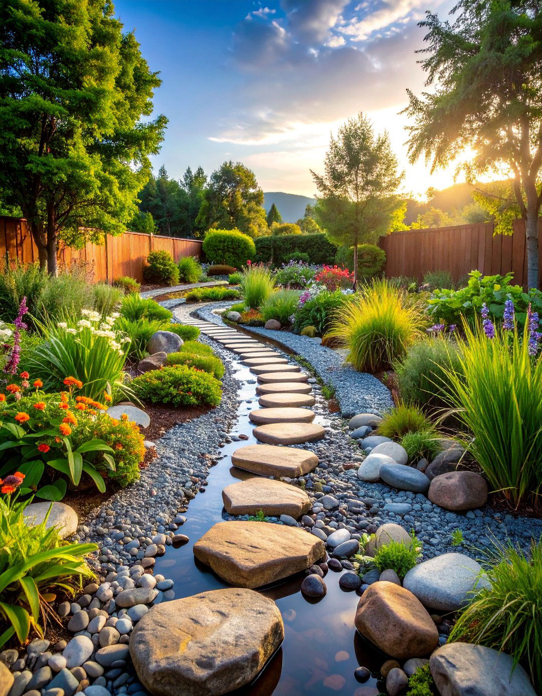 River Rock Rain Garden with Native Wetland Plants - 25 Rock Landscaping Ideas