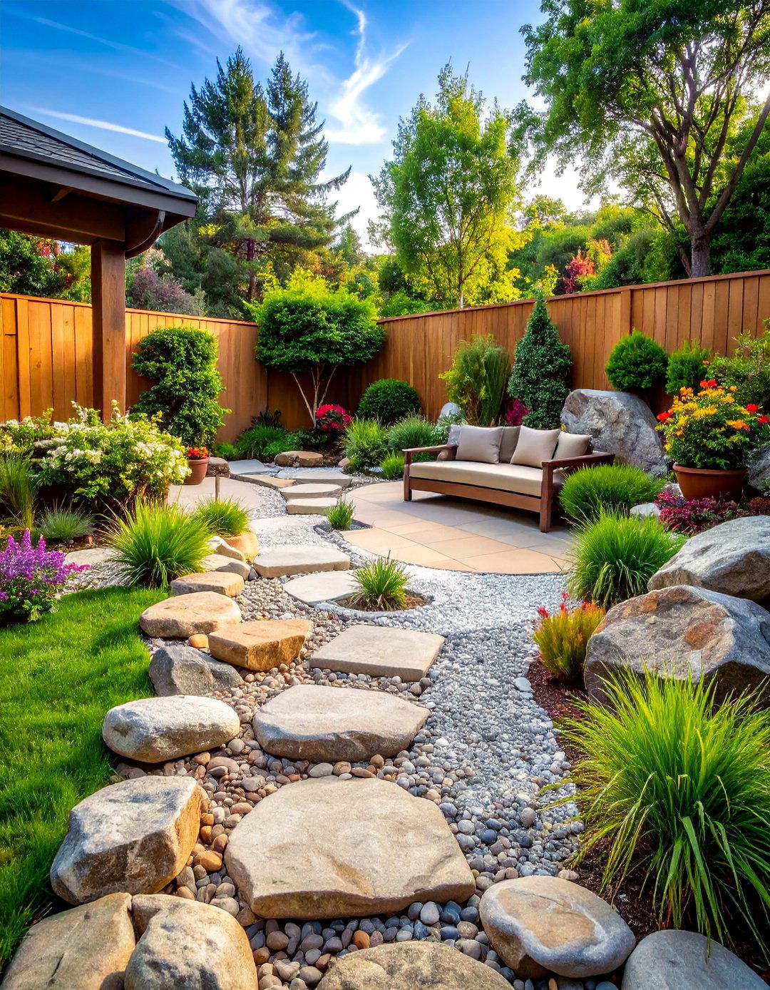 River Rock Semi Circle Patio with Natural Drainage - 25 Semi Circle Patio Ideas and Inspiration